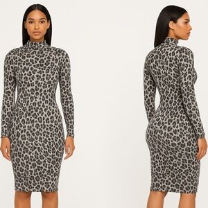 TDC Leopard Print High Neck Long Sleeve Knee Length Bodycon‎ Dress Size Large